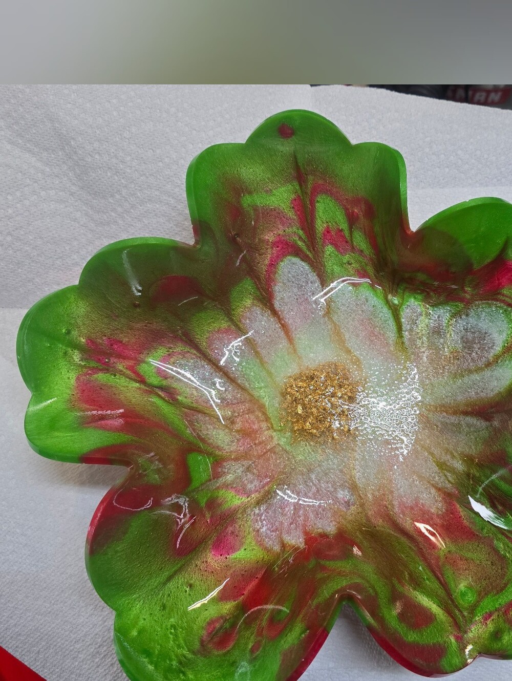 Christmas Green and Red Floral Petal Resin Bowl with Gold Center